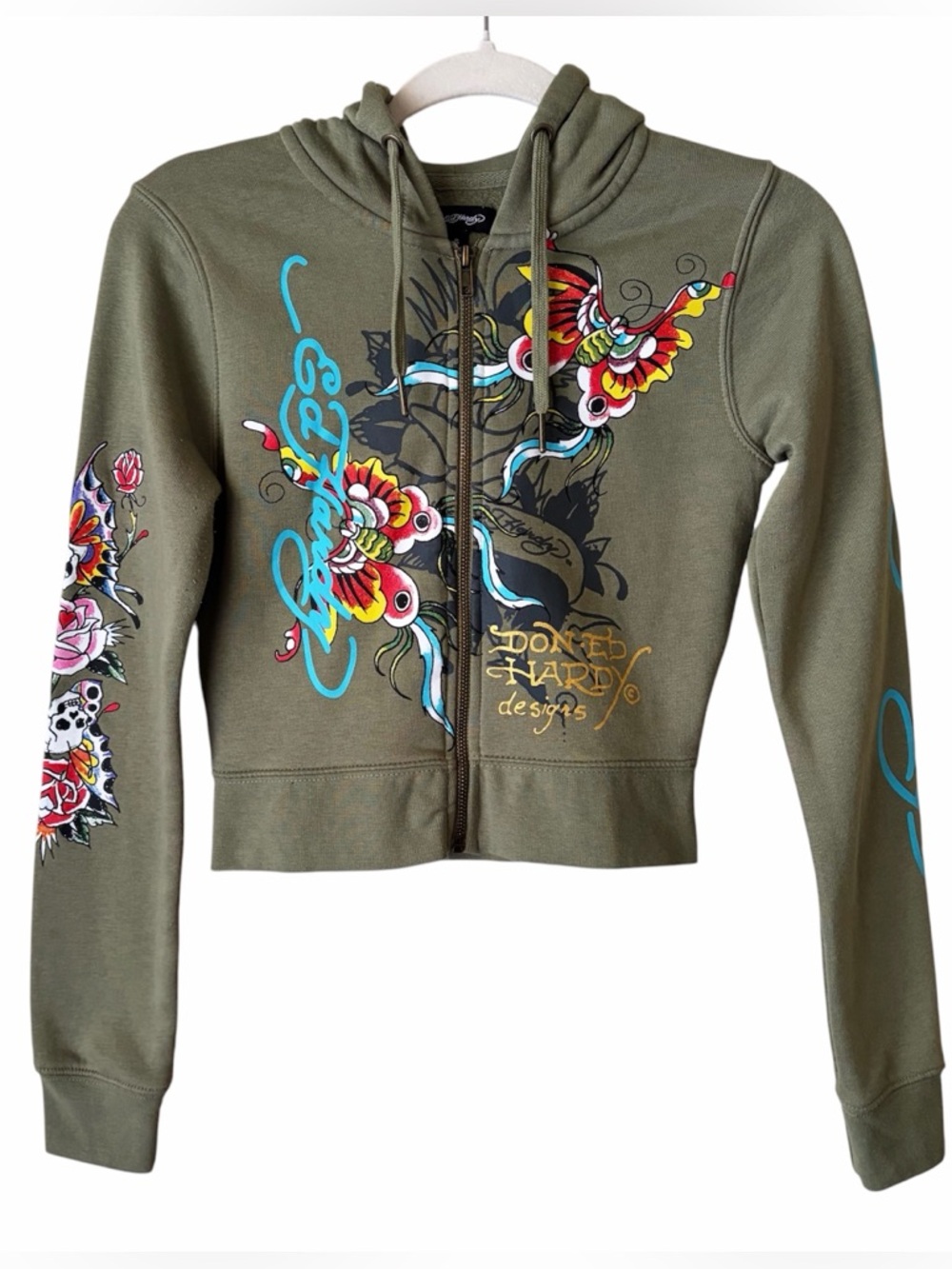 Ed Hardy | Hooded Cropped Sweatshirt Butterflies Full Zip Y2K Olive Green Small